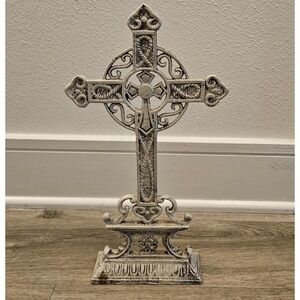 Rustic standing cast iron St. Benedict Garden metal cross weathered white finish